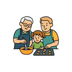 Happy family preparing homemade cookies, three generations working together, mixing ingredients and arranging dough pieces on baking sheet