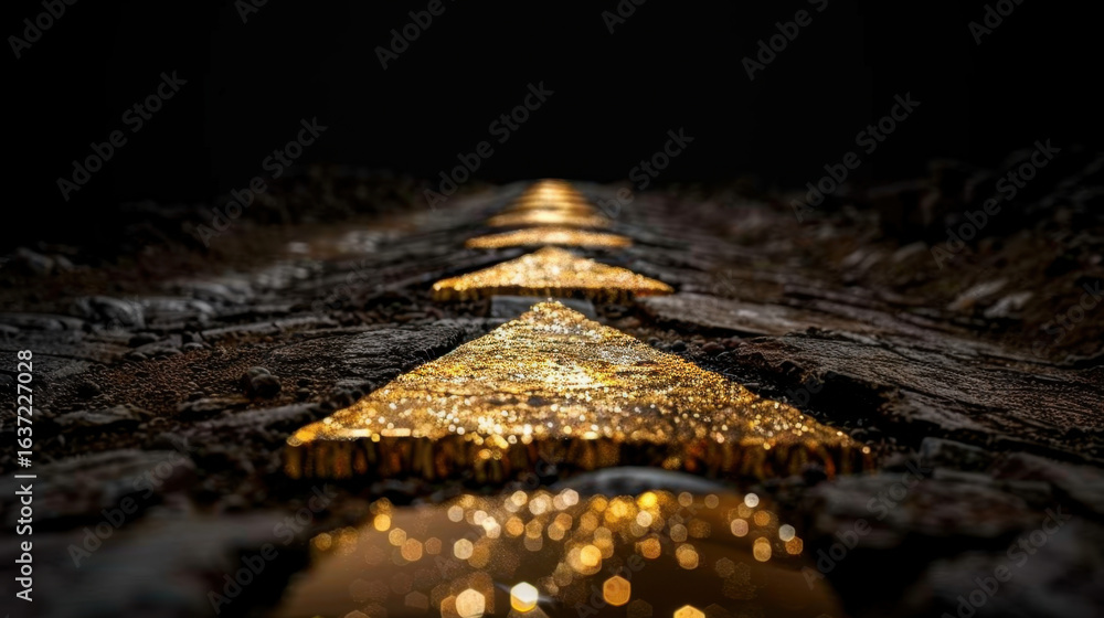 Aufkleber pathway of golden arrows illuminated by sparkles leads into darkness, creating magical and enchantin