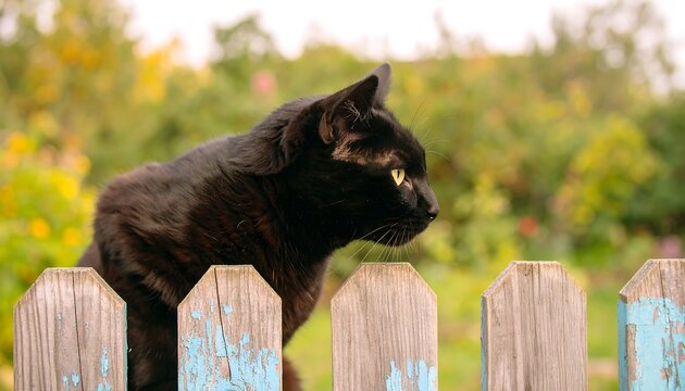 Black cat on a weathered wooden fence - Powered by Adobe