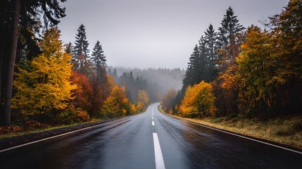 Fototapeta premium Winding road through a misty autumn forest.