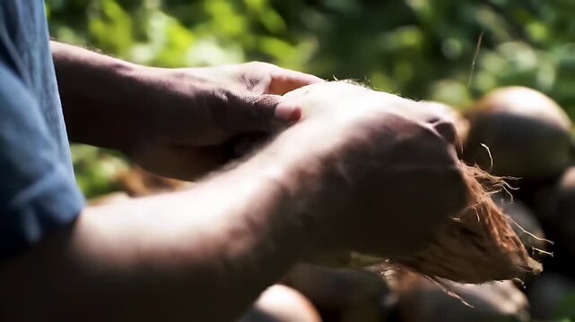 Hands Peeling Coconut Husk Under Sunlight in Tropical Setting Agriculture and Traditional Farming Practices