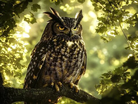 Majestic Owl Perched on a Branch in a Sun-Dappled Forest