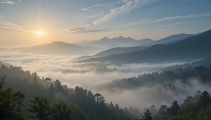 Obraz premium Misty mountains under soft golden sunrise, peaceful atmosphere