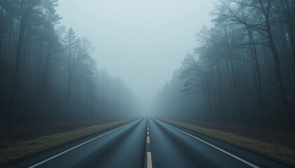 Fototapeta premium Empty road disappearing into foggy forest