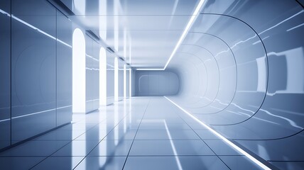 Obraz premium Futuristic bright white corridor with glowing blue light lines and reflections creating a sense of advanced technology and clean design