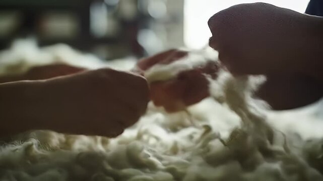 Hands Preparing Raw Wool Fiber for Textile Production Displaying Natural Texture in Bright Light