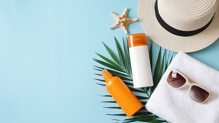 Flat lay of summer beach essentials including sunscreen sunglasses straw hat and starfish on a pastel blue background