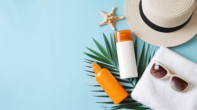 Flat lay of summer beach essentials including sunscreen sunglasses straw hat and starfish on a pastel blue background - Powered by Adobe