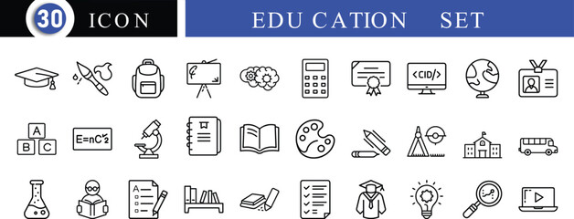 Education thin line vector icon set.  The set contains icons: E-Learning, Education, Home Schooling, Classroom, Diploma, Social Distancing, Web Conference.