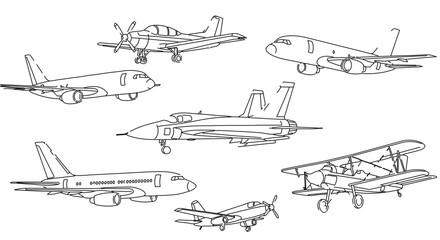 Fototapeta premium Airplane outline vector illustration set various types of aircraft for coloring pages and design projects 100