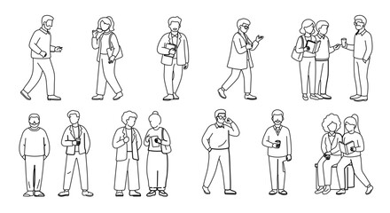 Line art illustration of diverse people group in various poses and activities vector drawing design set