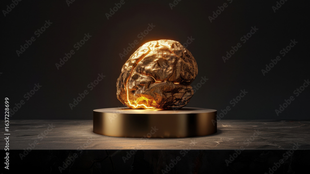 Poster stunning golden brain sculpture illuminated with warm glow, resting on sleek circular pedestal. intr