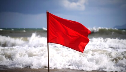 Red caution flag on a beach with stormy waves