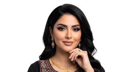 Elegant Woman with Gold Jewelry on White