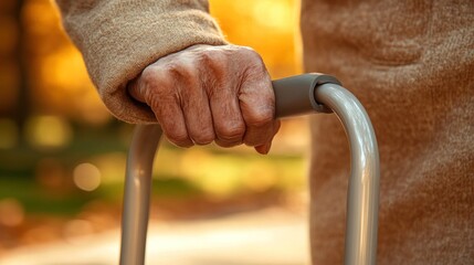 Elderly hand gripping walking aid outdoors