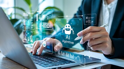 Business professional interacting with a futuristic holographic interface displaying data charts and a rocket icon signifying growth and innovation