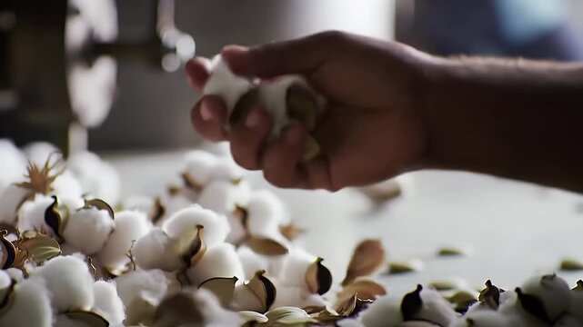 Hands Sorting Raw Cotton Seeds in a Cottonseed Oil Extraction Industry Detailed View