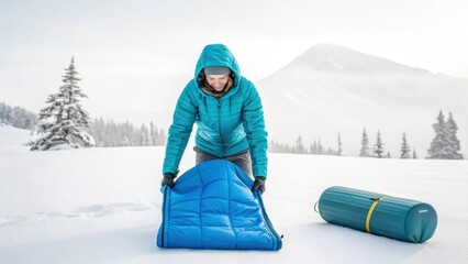 Woman in a blue hooded jacket preparing a sleeping bag for cold weather camping in a snowy mountain landscape