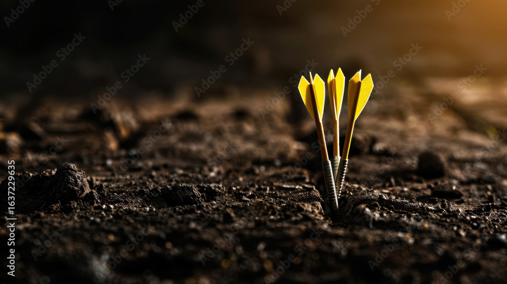 Poster darts with yellow flights embedded in dark soil create striking visual, symbolizing precision and fo