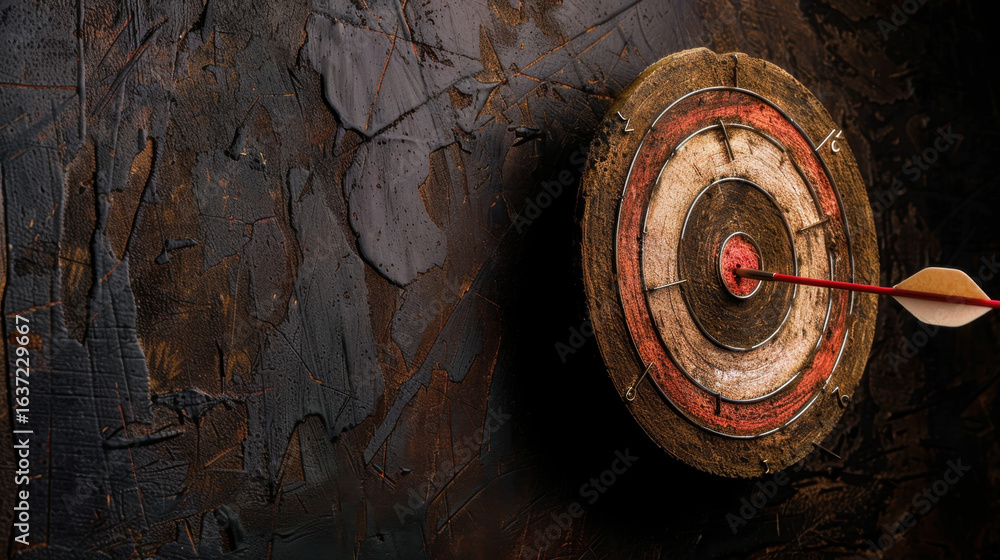 Poster close up view of weathered target with arrow embedded in center, set against textured dark wall. ima