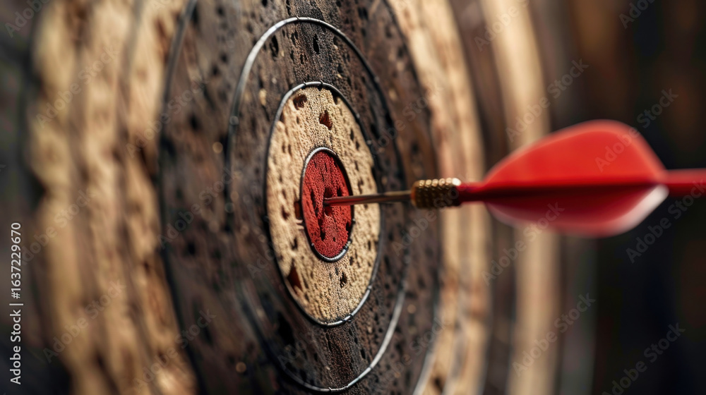 Poster close up view of dartboard with red dart striking bullseye, showcasing precision and focus in compet