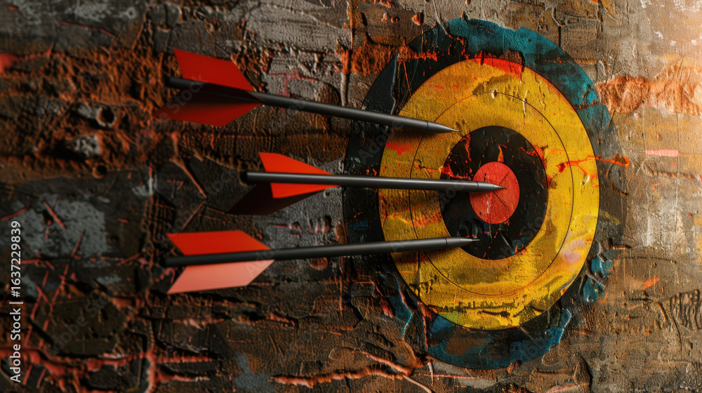 Poster vibrant target with arrows embedded in it, set against textured, abstract background. scene conveys 