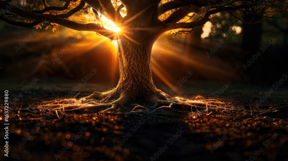Poster majestic tree with intricate roots is illuminated by golden sunlight, creating warm and enchanting a