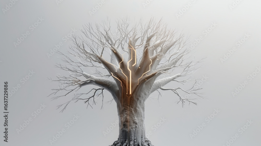 Poster surreal tree with circuit like branches, illuminated in soft light tones, symbolizes fusion of natur