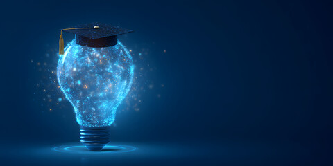 Illuminating Academic Journey: A luminous light bulb wearing a graduation cap, symbolizing bright ideas and the pursuit of education within a vibrant visual representation of knowledge. 