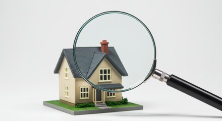 A miniature house model is being examined closely with a magnifying glass against a white background