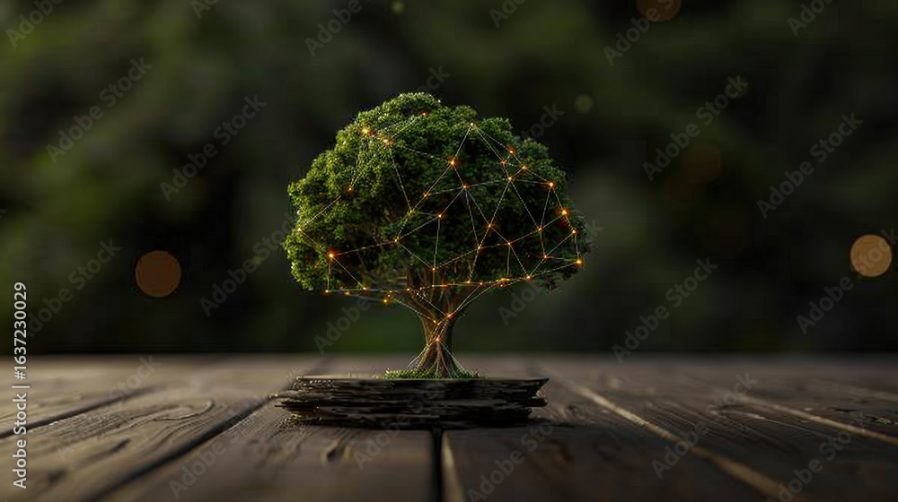 Poster glowing tree with circuit like branches symbolizes connection between nature and technology, showcas
