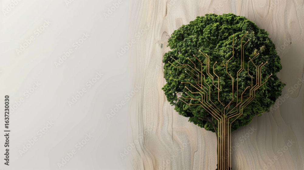 Poster unique tree design features circuit branches, symbolizing fusion of nature and technology. soft ligh