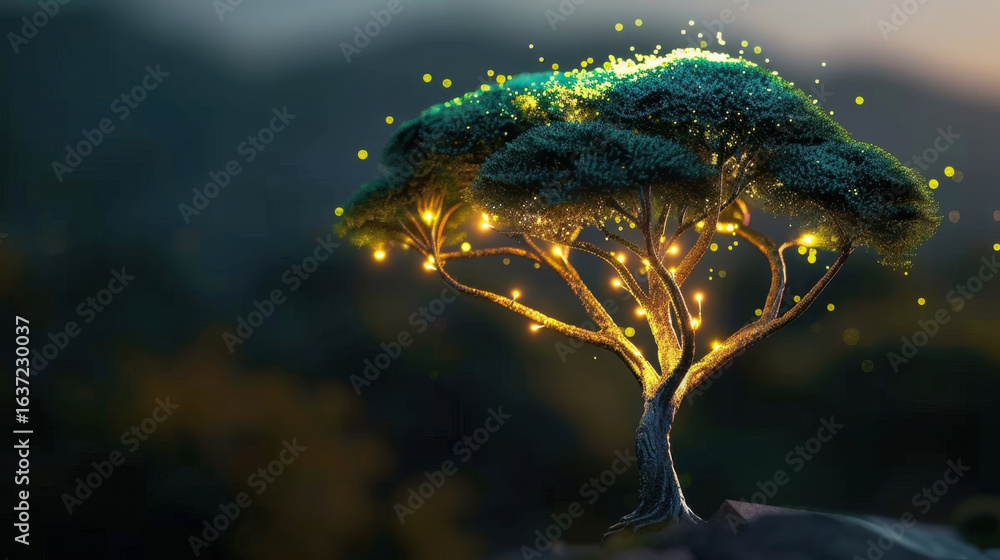 Poster glowing tree with circuit like branches illuminates surroundings, creating magical atmosphere. natur