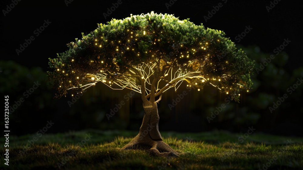Poster glowing tree with luminous branches and vibrant foliage stands majestically dark setting, creating m
