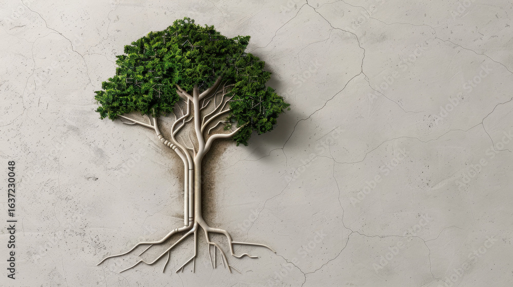 Poster modern tree design with circuit like branches and roots, symbolizing fusion of nature and technology