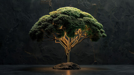 Glowing tree with circuit like branches symbolizes fusion of nature and technology, showcasing vibrant green foliage against dark, textured background. intricate design evokes sense of innovation