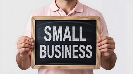 Man holding a chalkboard sign with the words small business written in white chalk on a black background