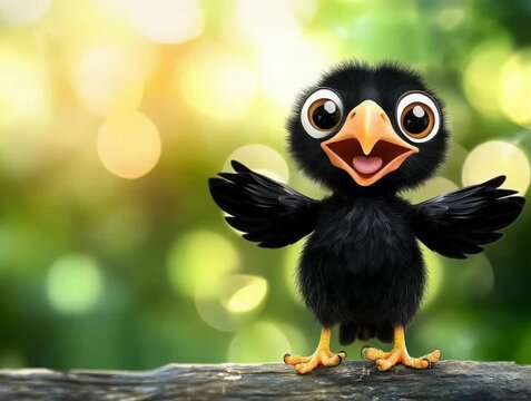 Adorable Animated Bird with Big Eyes and Open Beak Against Bokeh Background
