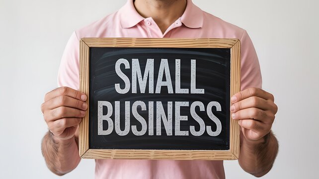 Man holding a chalkboard sign with the words small business written in chalk against a plain background