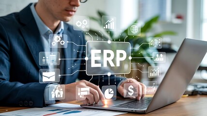 Business professional using a laptop with erp system overlay and digital icons representing business processes and data analytics