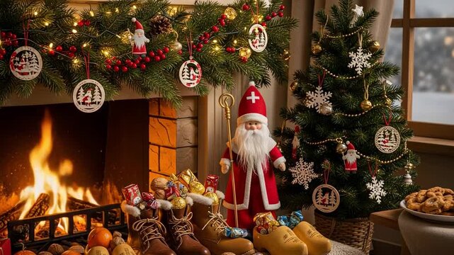 Saint Nicholas celebration with boots and clogs filled with gifts by a cozy fireplace. Festive Sinterklaas holiday scene with Christmas decorations and treats.