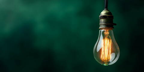 Illuminating Idea: A vintage-style light bulb glows brilliantly against a rich, deep green background, radiating warmth and evoking creativity and innovation.