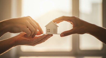 Two hands are exchanging a miniature white house, symbolizing a real estate transaction and home ownership