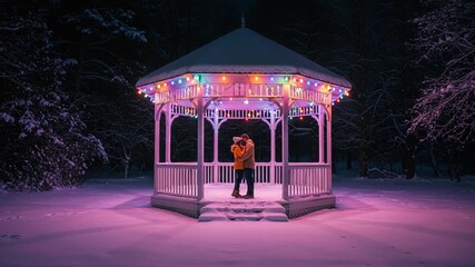 Romantic couple embracing in winter gazebo at night - Powered by Adobe