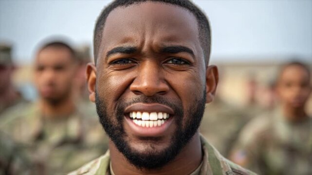 An African American male soldier with short hair and a beard