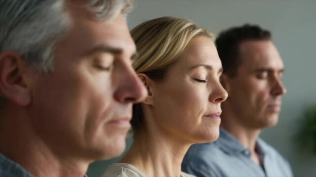 Two men and one woman in their mid-50s to early sixties with grey hair sitting side by sides meditating
