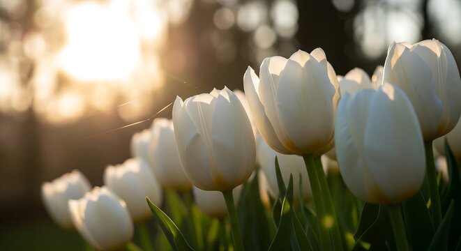 Close-up of white tulips in sunlight. Soft focus background creates a warm, glowing effect.