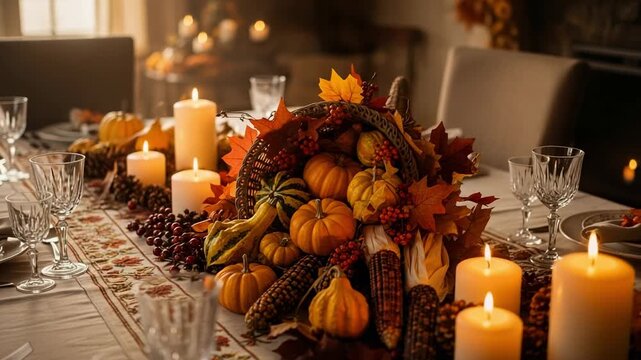 Thanksgiving table setting with a cornucopia centerpiece. Autumn harvest decorations, lit candles, and a festive dinner arrangement for a holiday meal.