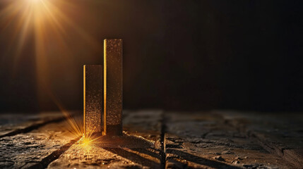 Stunning bar chart with golden finish, illuminated by soft light, creates futuristic financial atmosphere. sparkles enhance visual appeal, making it perfect for presentations