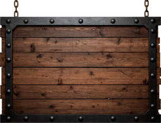 Rustic wooden sign with metal details and rusty chains  Placa de madeira rústica com detalhes em...